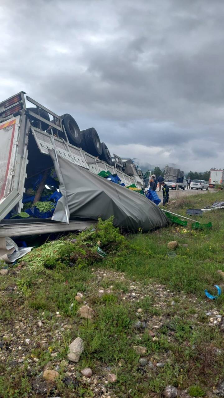 Sebze yüklü kamyon devrildi, sürücüsü yaralandı
