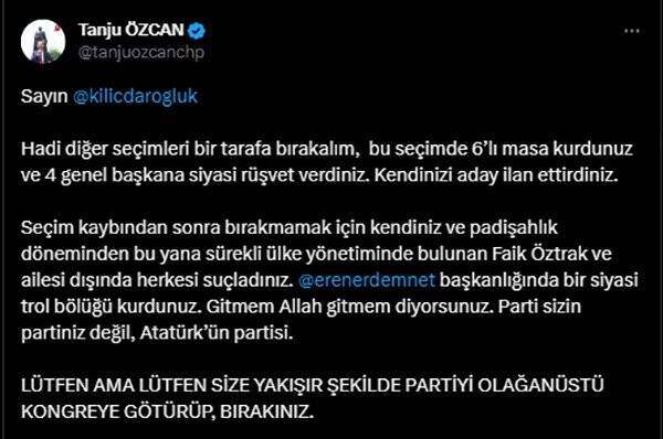 Tanju Özcan'dan Kılıçdaroğlu'na: Olağanüstü kongreye götürüp bırak!