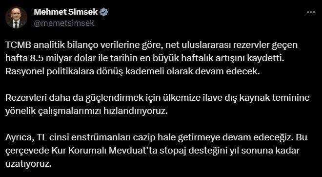 Bakan Şimşek: Net uluslararası rezervler 8,5 milyar dolar ile tarihin en büyük haftalık artışını kaydetti