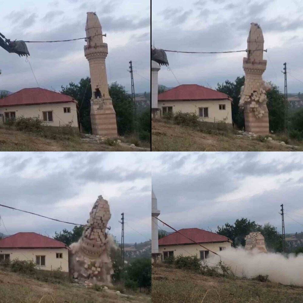 5.5’lik depremde hasar alan minare yıkıldı