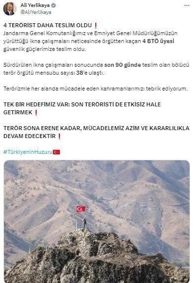 Bakan Yerlikaya: 4 BTÖ üyesi güvenlik güçlerimize teslim oldu