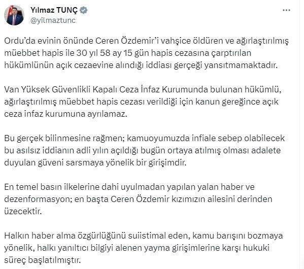 Bakan Tunç 'tan Ceren Özdemir’in katili ile ilgili iddialara yalanlama