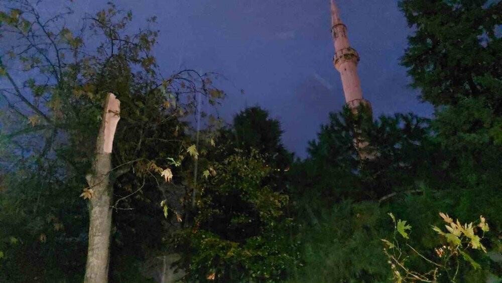 Cami avlusundaki ağaç fırtınada ikiye ayrıldı