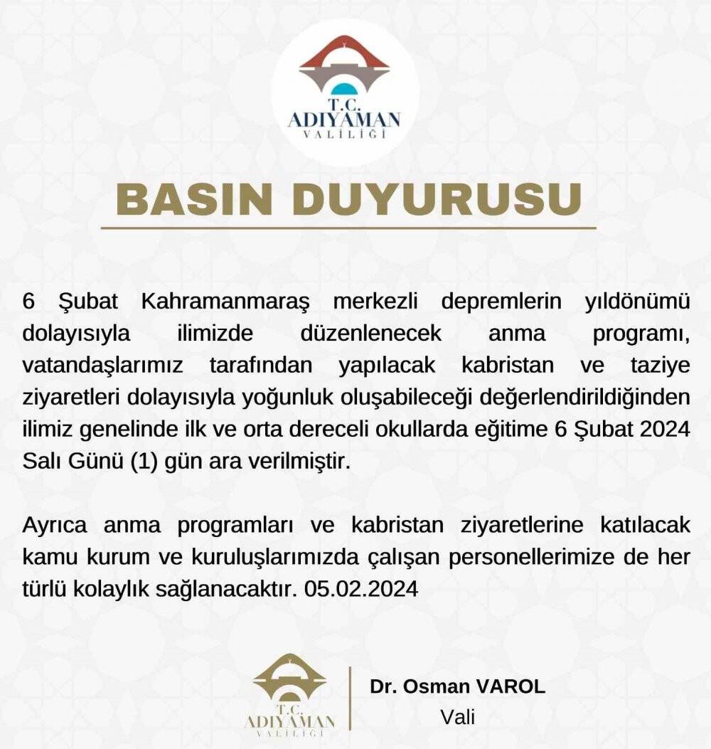 Adıyaman’da 6 Şubat’ta okullar tatil edildi