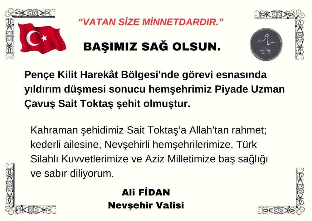 Nevşehir’e şehit ateşi düştü