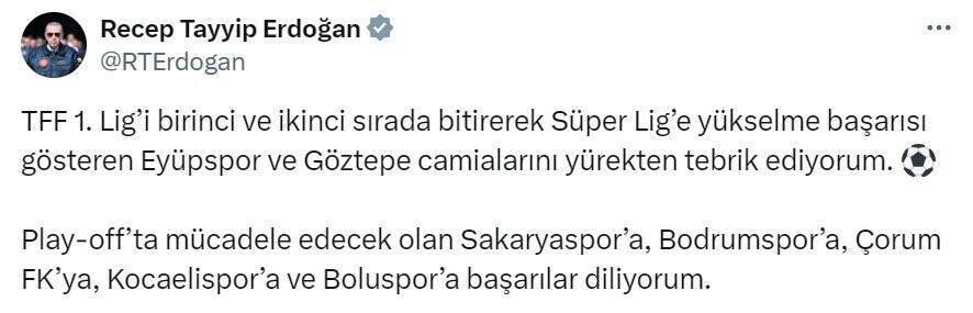 Erdoğan’dan TFF 1. Lig’e yükselen takımlara tebrik