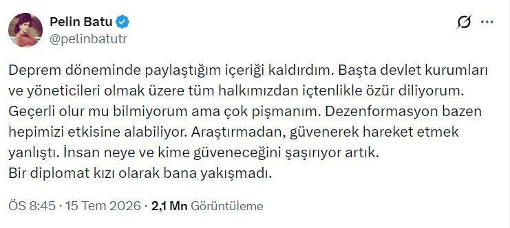 Deprem zamanında "Devlet yoktu" diye paylaşım yapan Pelin Batu özür diledi